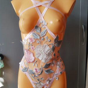 Pink Body Harness with Flower Embroidery Velveteena Leigh 01